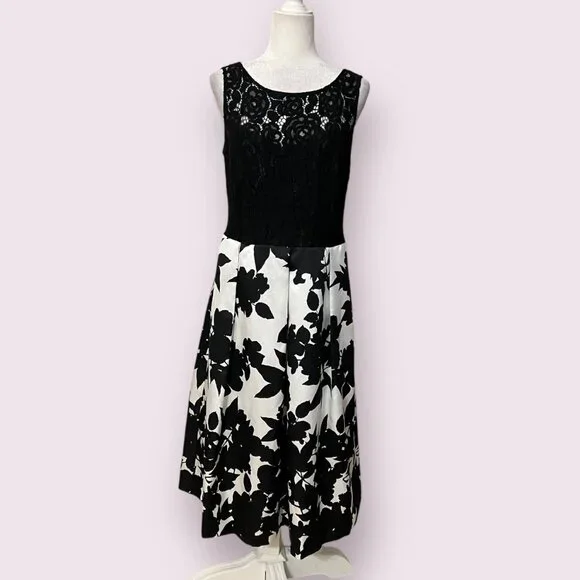 Ellen Tracy Size 12 Black Lace Floral Fit & Flare Midi Dress Formal Party - Picture 2 of 12